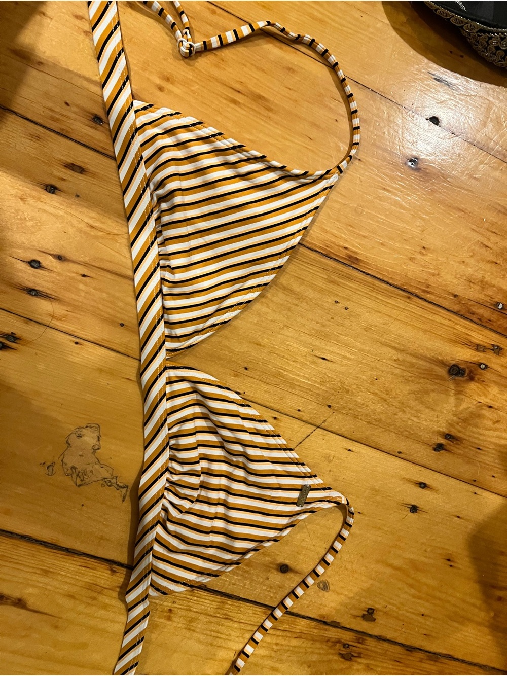 Roxy Striped Triangle Bikini Top in Mustard, White and Black